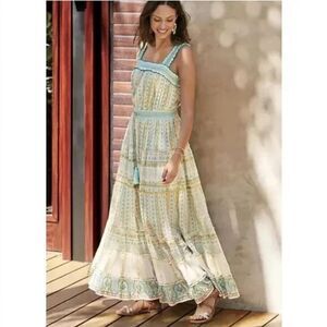 Soft Surroundings Women’s XS Petite Turquoise Cream Smock Floral Maxi Dress